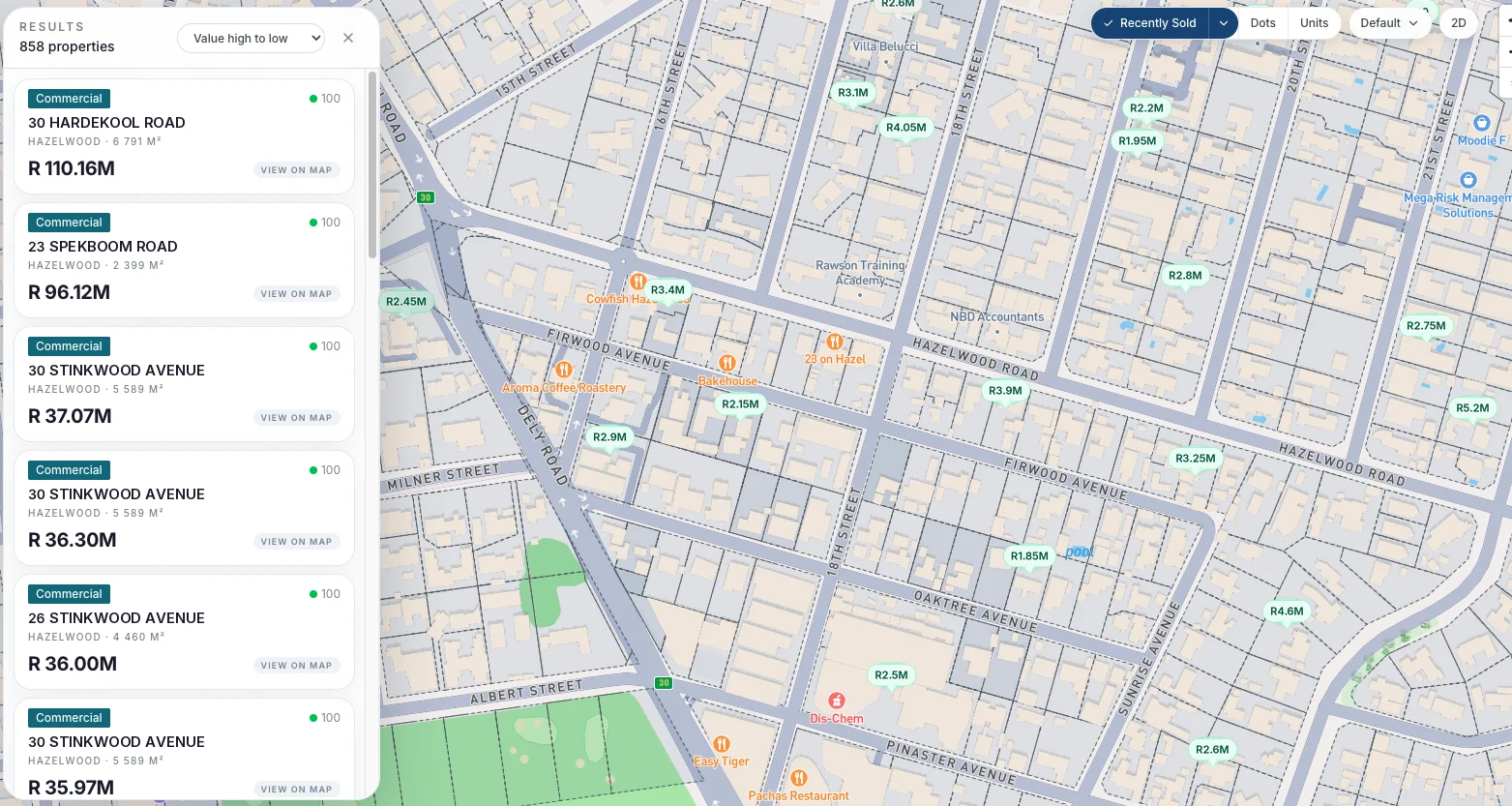 The FoundRE map in Recently Sold mode, showing a recent sale price on each erf