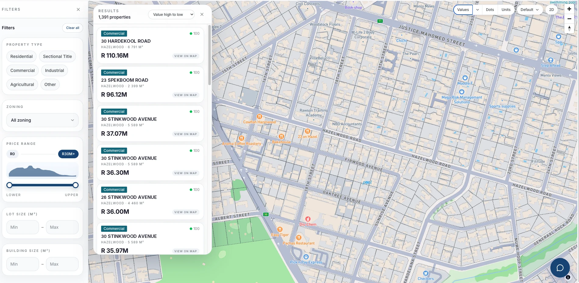 The FoundRE map with filters open, a ranked results list and the property map