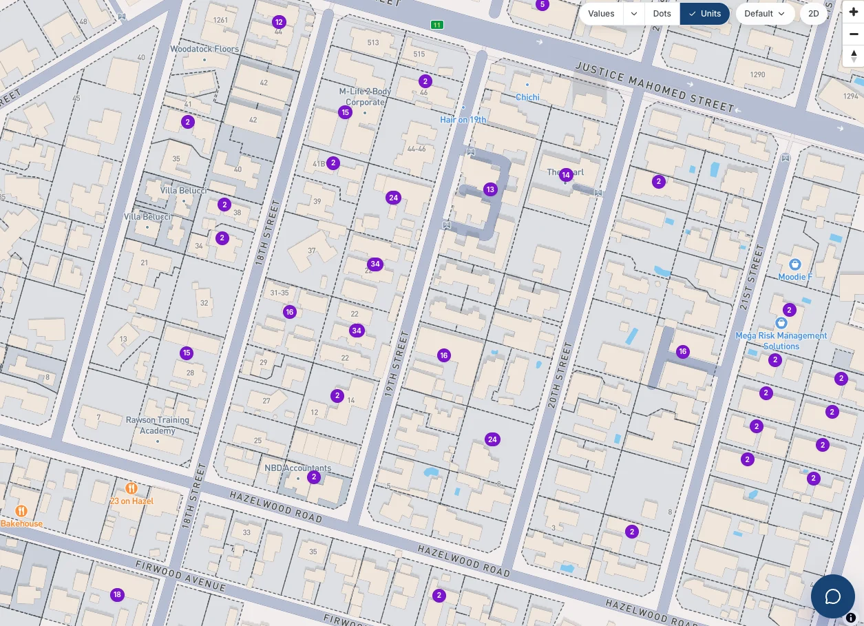 Map in units mode, each sectional title scheme labelled with its number of units