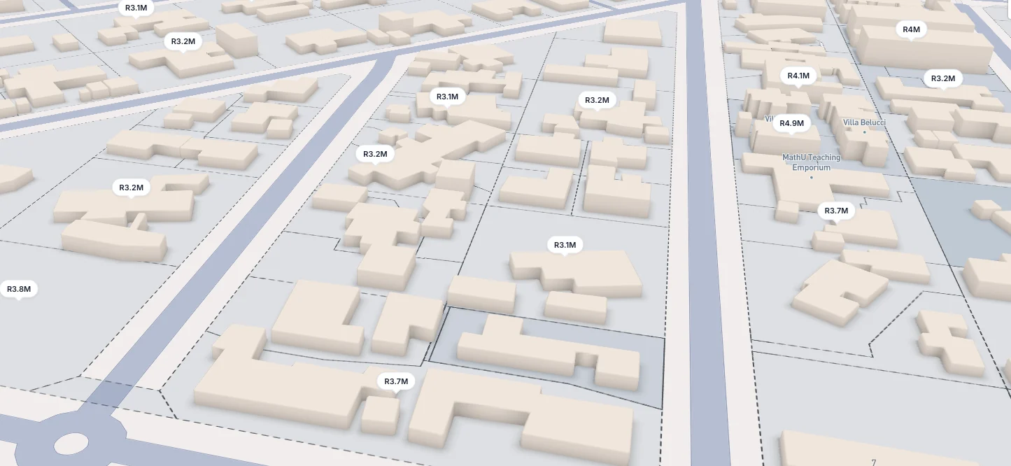 The same block rendered in three dimensions with building masses extruded
