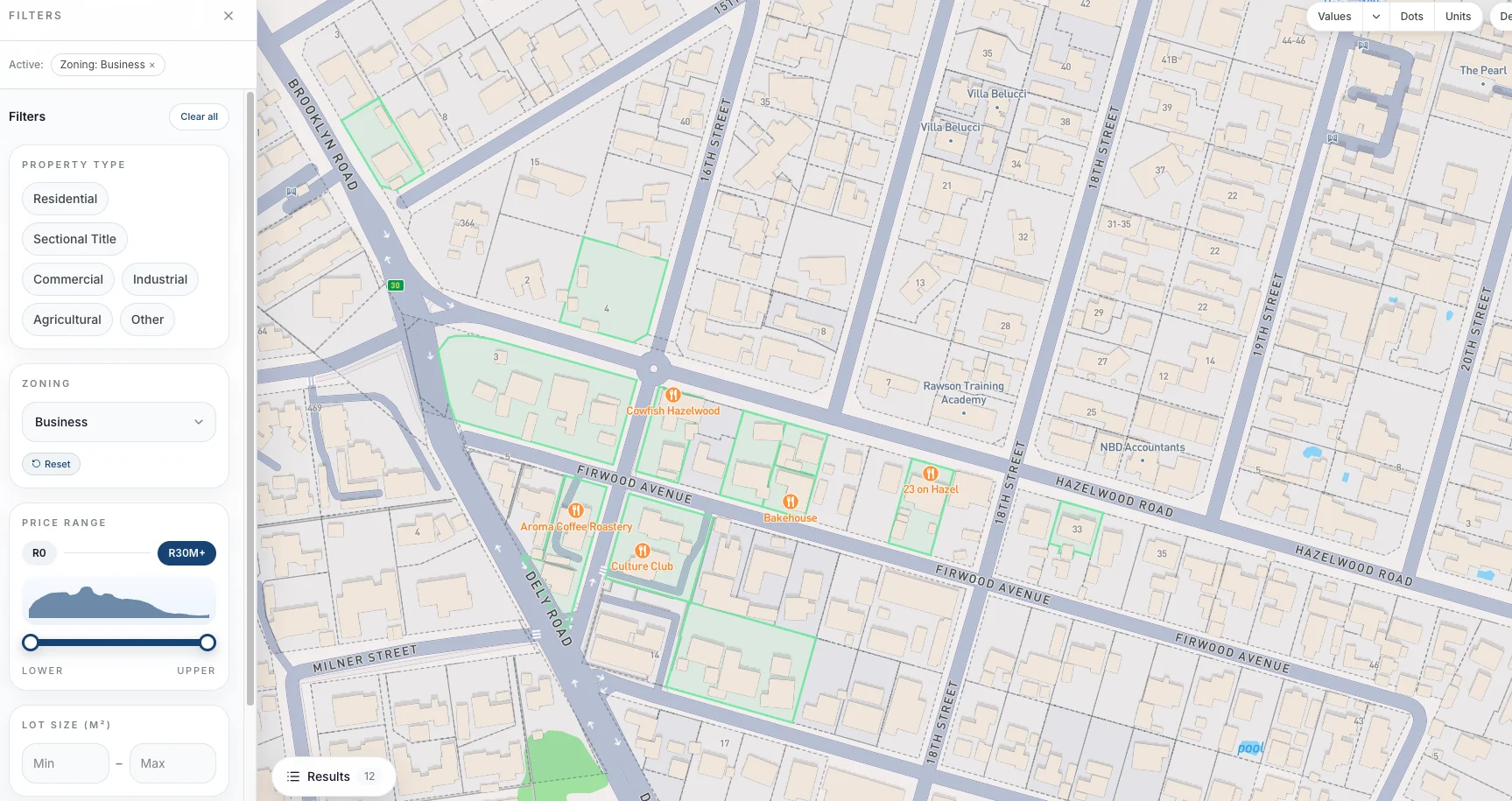 Map with a business zoning filter applied, matching erven highlighted in green