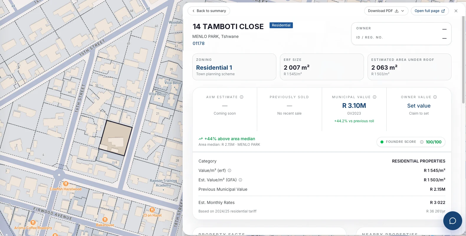 Property detail panel open over the cadastral map, showing zoning, erf size, valuation and rates