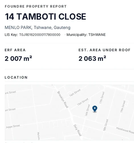 A generated FoundRE property report showing headline figures and location